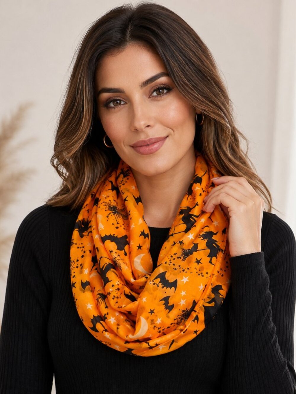 Halloween Orange Scarf Witches Bats Moon Stars Spooky Print